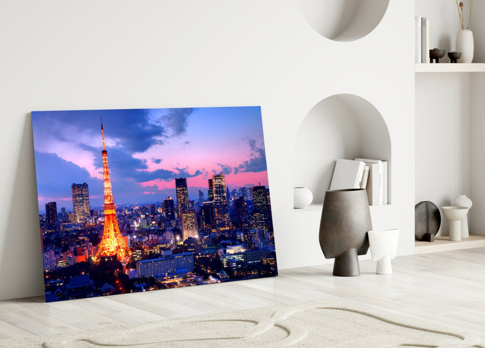 Close-up detail of Tokyo Tower twilight behind glass