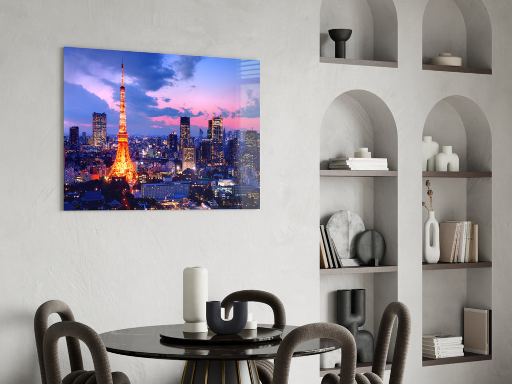 Cityscape glass print bringing world-travel edge to a study