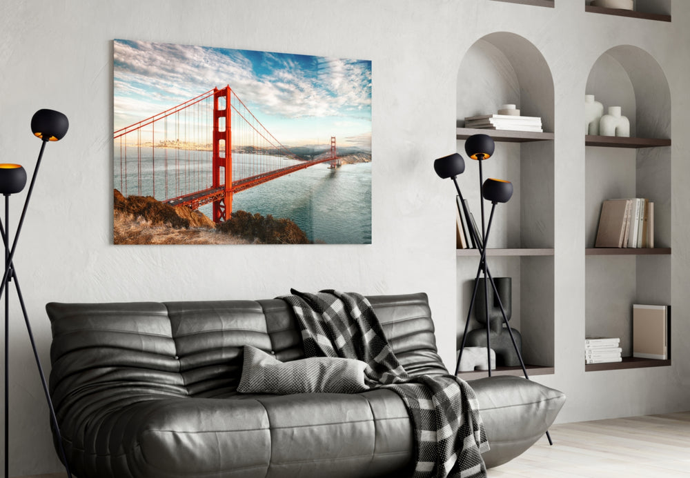 Golden Gate Bridge artwork styled in a master bedroom interior