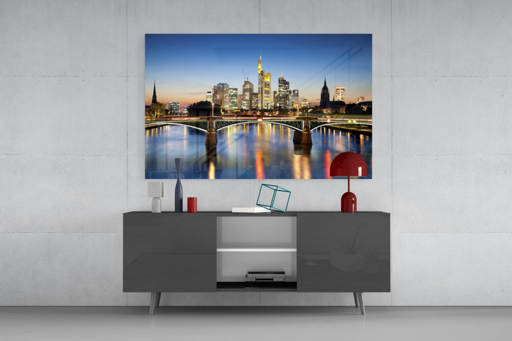 Frankfurt glass wall art catching light to reveal its painted bridge