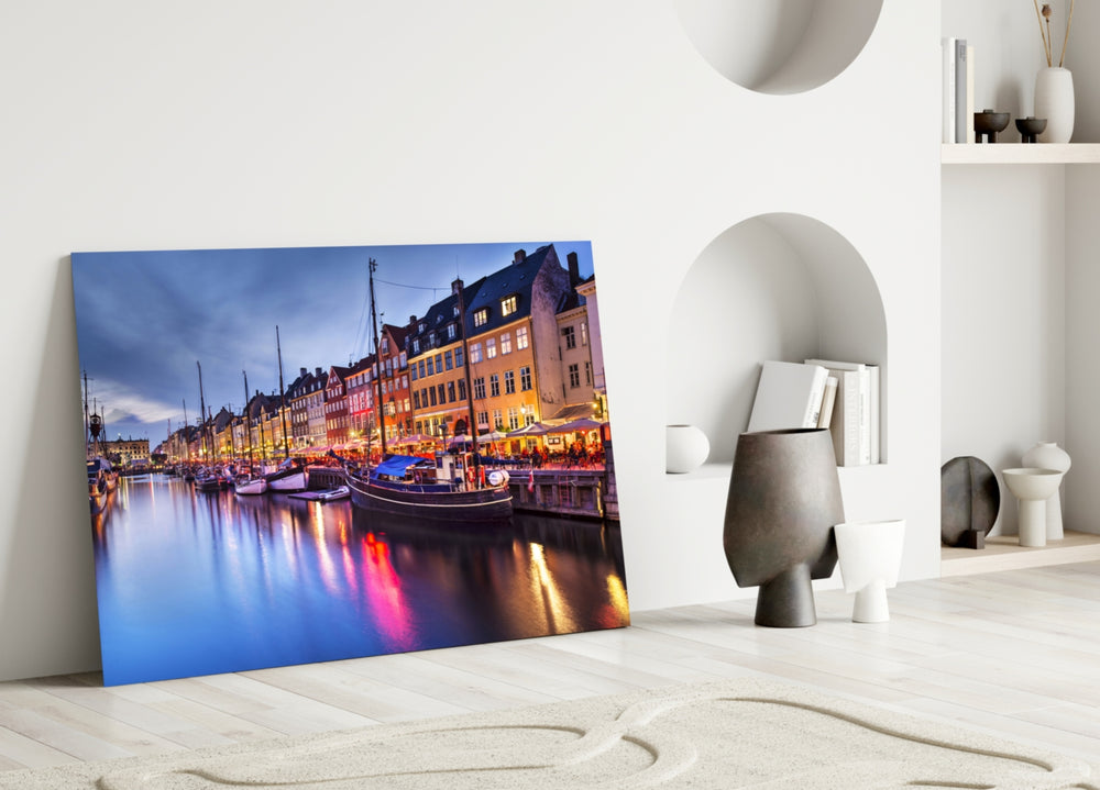 Close-up detail of Nyhavn canal twilight behind glass
