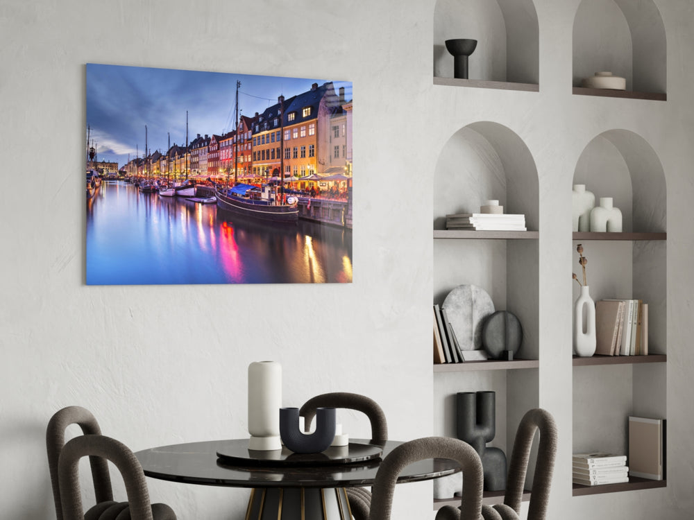 Cityscape glass print bringing Scandinavian edge to a study