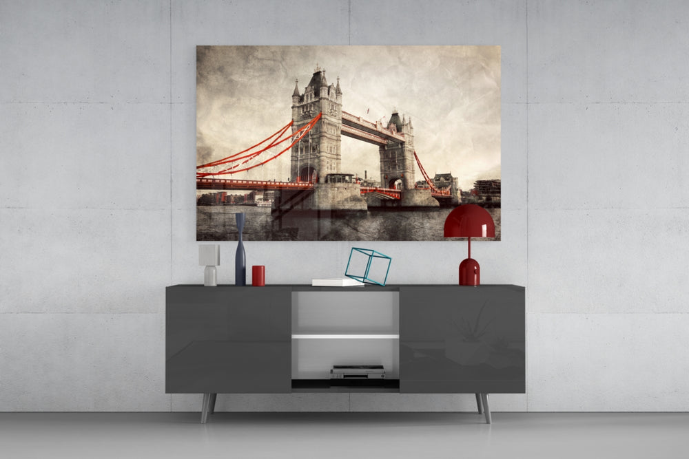 Tower Bridge glass wall art catching light to reveal its painted suspension
