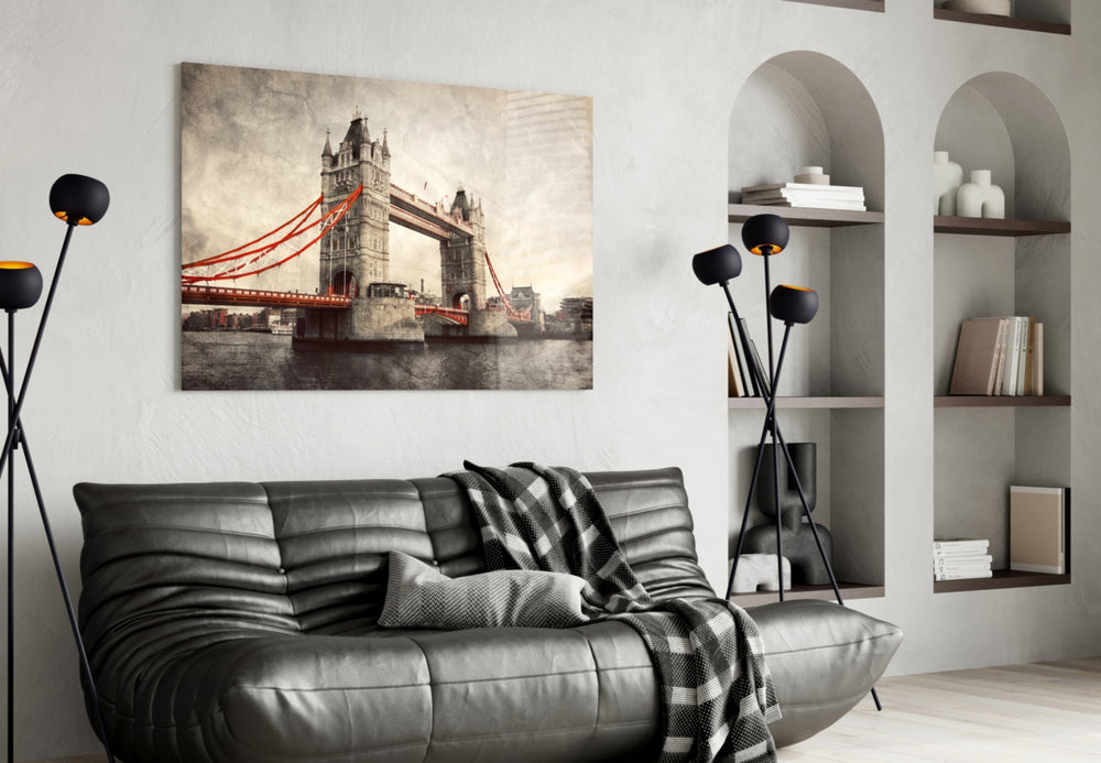 Tower Bridge artwork styled in a master bedroom interior