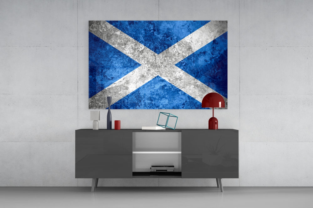 Flag of Scotland glass wall art catching light to reveal its painted grunge