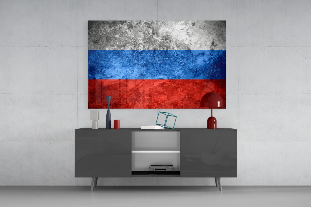 Flag of Russia glass wall art catching light to reveal its painted grunge