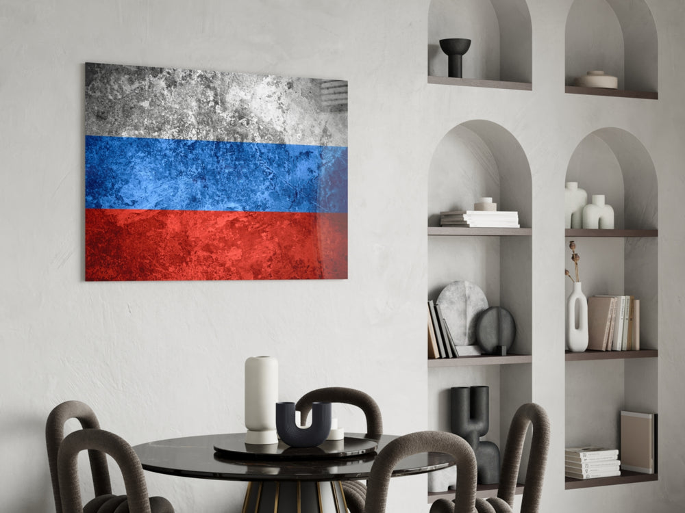 Patriotic glass print bringing Russian edge to a hallway