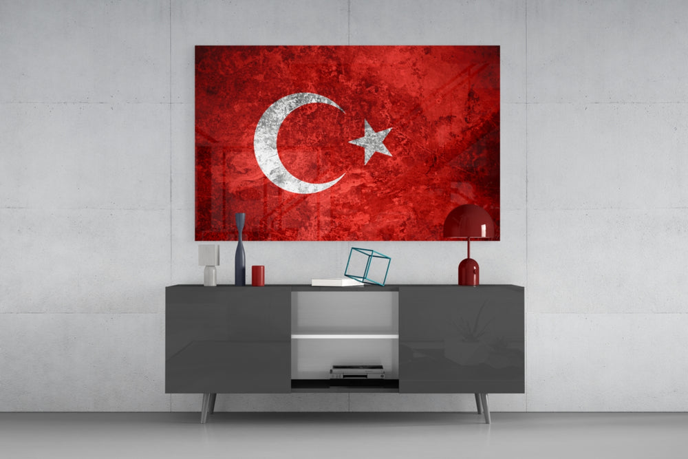 Flag of Türkiye glass wall art catching light to reveal its painted crescent