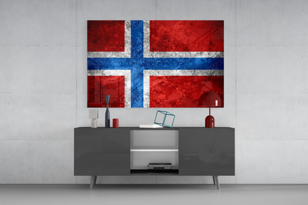 Flag of Norway glass wall art catching light to reveal its painted Nordic cross