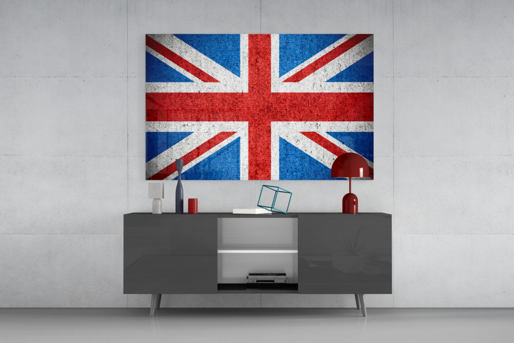 Flag of the United Kingdom glass wall art catching light to reveal its painted crosses