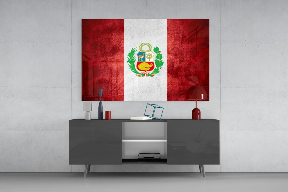Flag of Peru glass wall art catching light to reveal its painted wreath