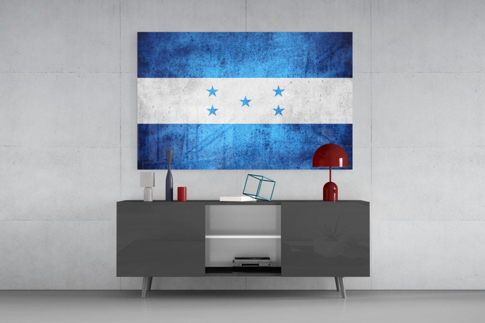 Flag of Honduras glass wall art catching light to reveal its painted stars