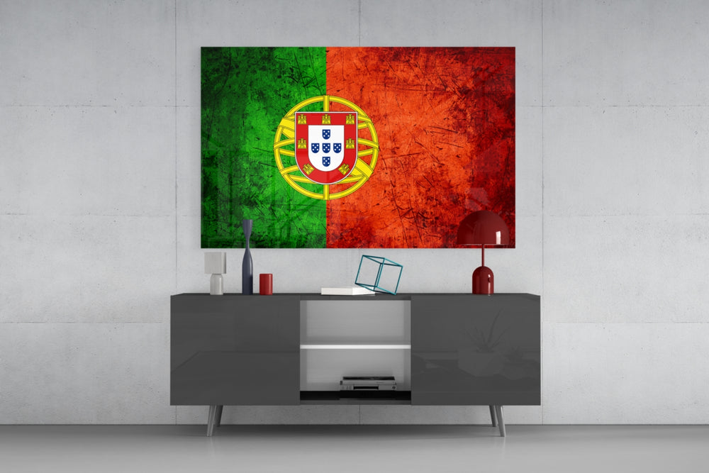 Flag of Portugal glass wall art catching light to reveal its painted armillary