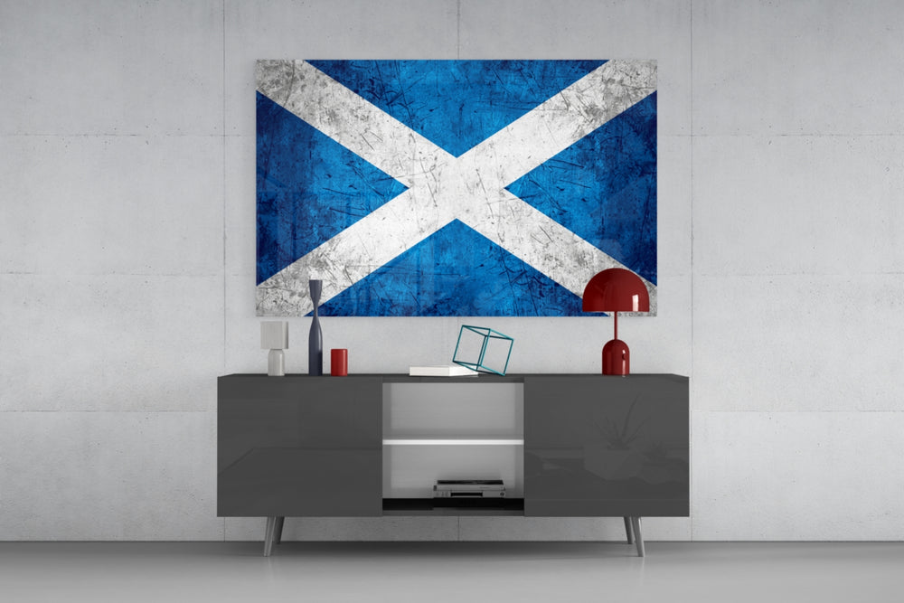 Flag of Scotland glass wall art catching light to reveal its painted grunge