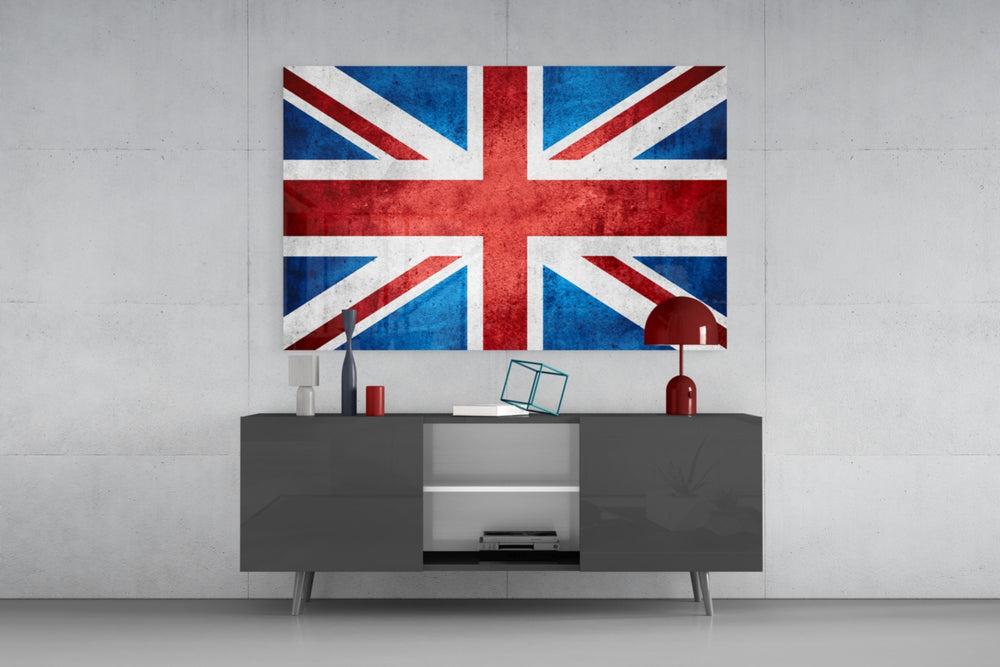Flag of the United Kingdom glass wall art catching light to reveal its painted crosses