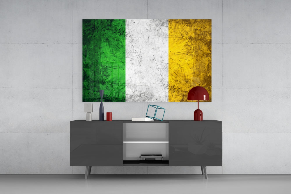 Flag of Ireland glass wall art catching light to reveal its painted grunge