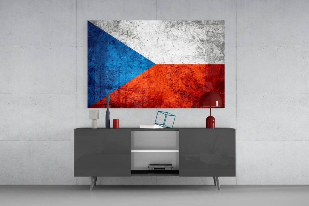 Flag of Czechia glass wall art catching light to reveal its painted triangle