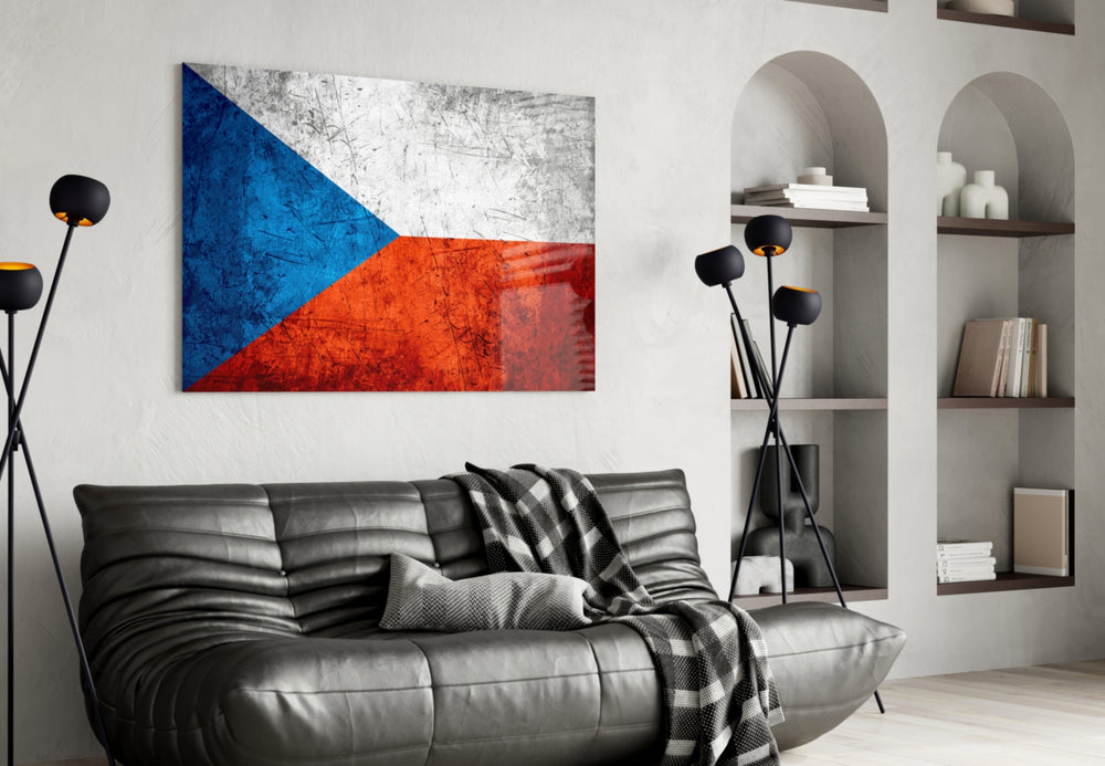 Flag of Czechia artwork styled in a study interior