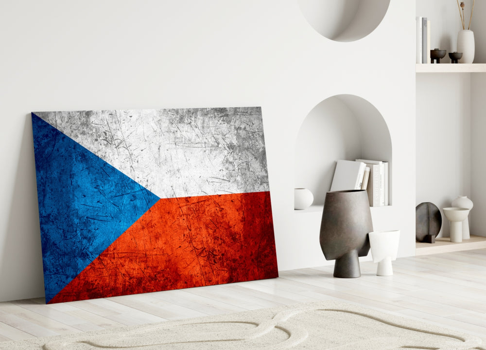 Close-up detail of grunge Czech flag behind glass
