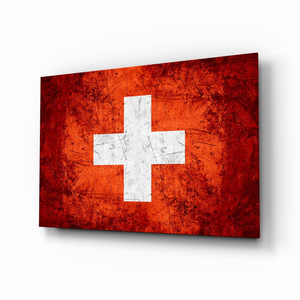 Flag of Switzerland glass wall art in a modern home office