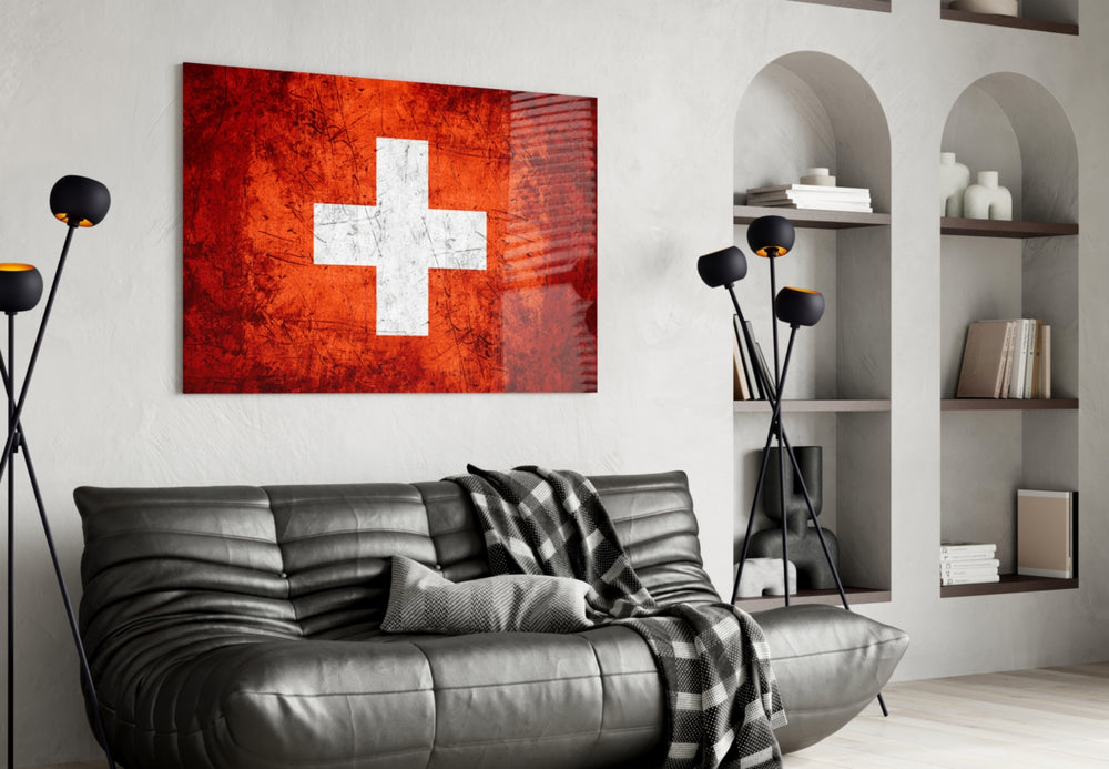 Flag of Switzerland artwork styled in a study interior