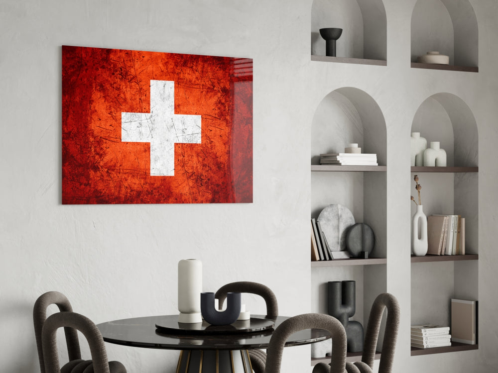 Patriotic glass print bringing Swiss edge to a hallway