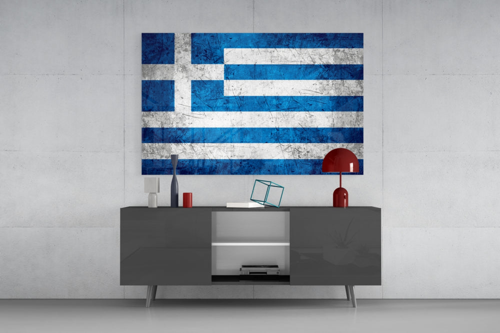 Flag of Greece glass wall art catching light to reveal its painted stripes
