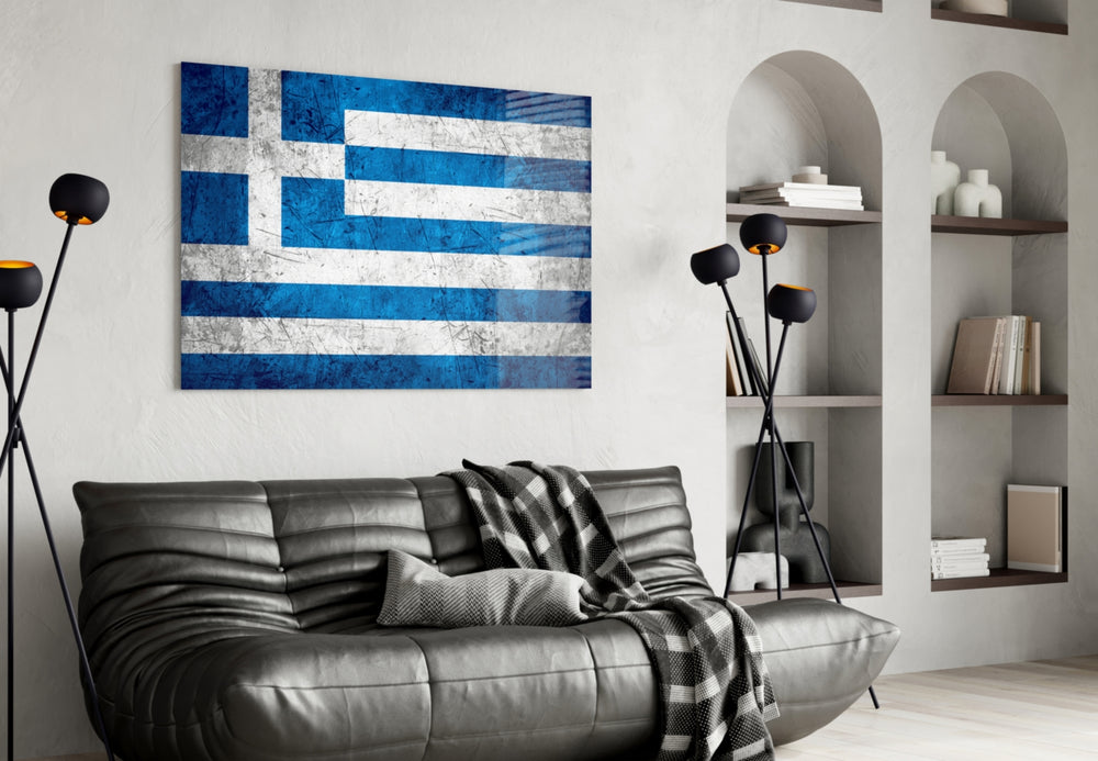 Flag of Greece artwork styled in a study interior