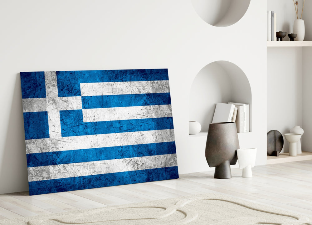Close-up detail of grunge Greek flag behind glass