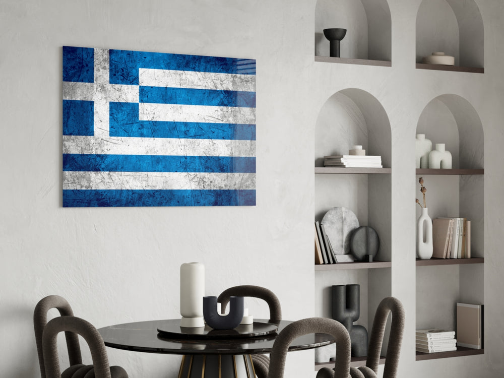 Patriotic glass print bringing Greek edge to a hallway