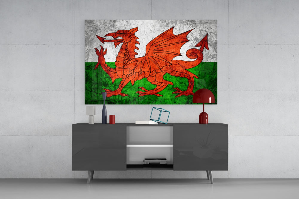 Flag of Wales glass wall art catching light to reveal its painted dragon