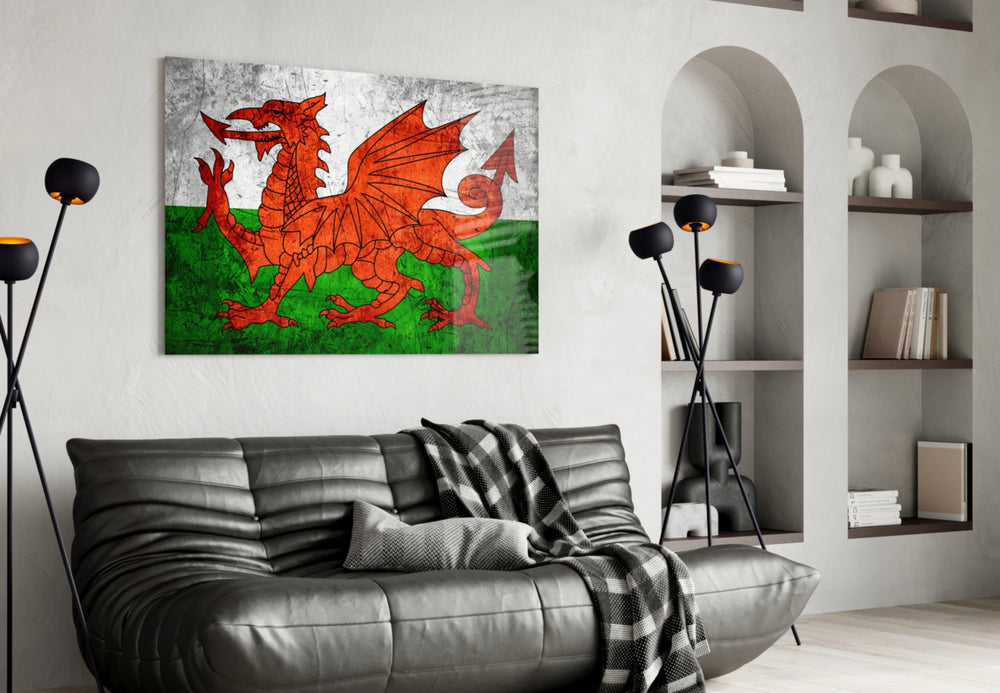 Flag of Wales artwork styled in a study interior