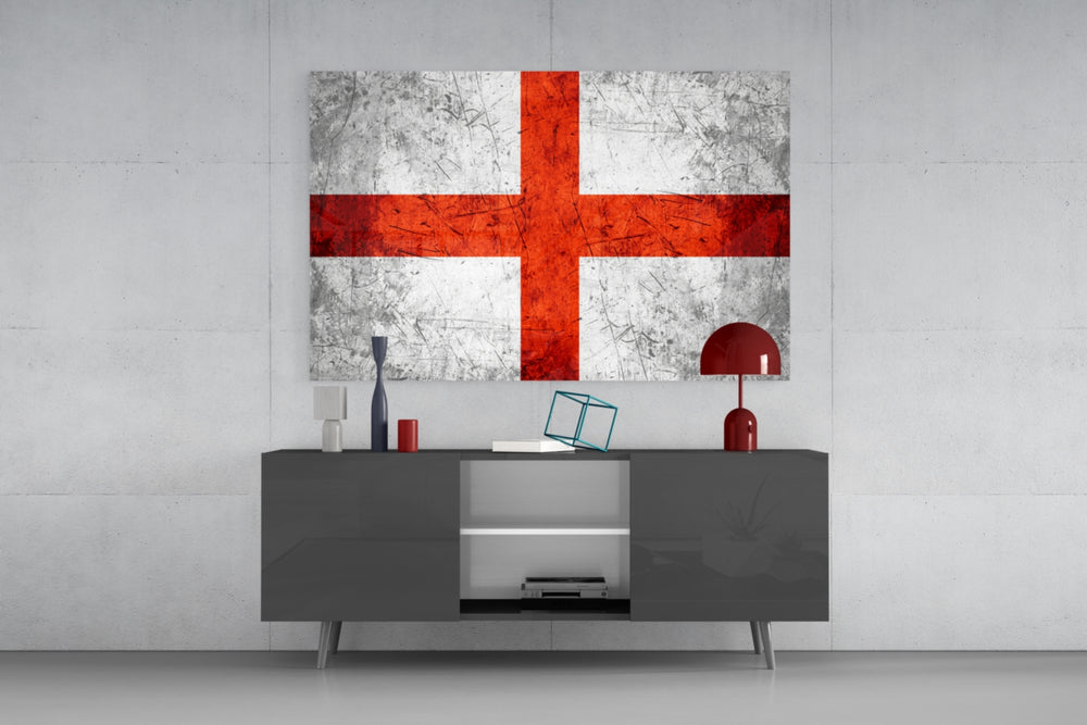 Flag of England glass wall art catching light to reveal its painted cross