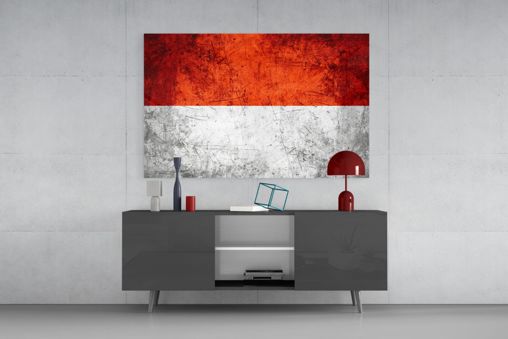 Flag of Indonesia glass wall art catching light to reveal its painted bands