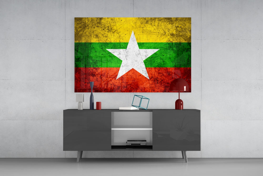 Flag of Myanmar glass wall art catching light to reveal its painted star