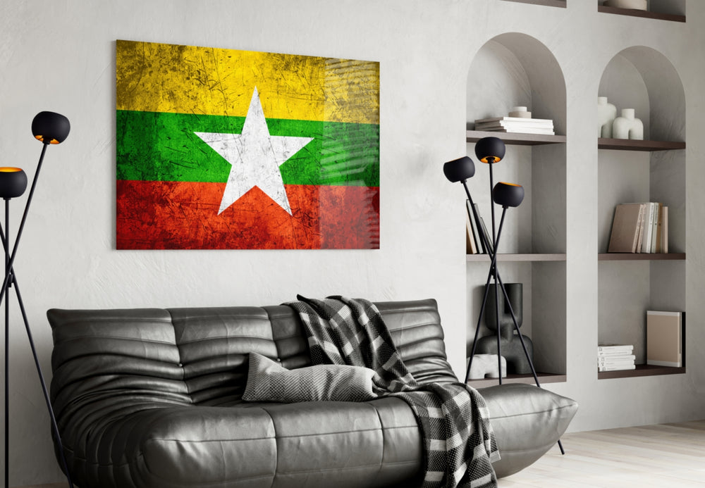Flag of Myanmar artwork styled in a study interior