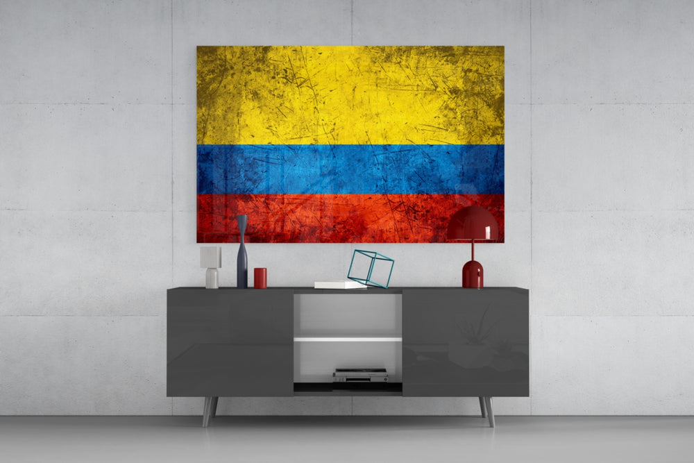 Flag of Colombia glass wall art catching light to reveal its painted grunge