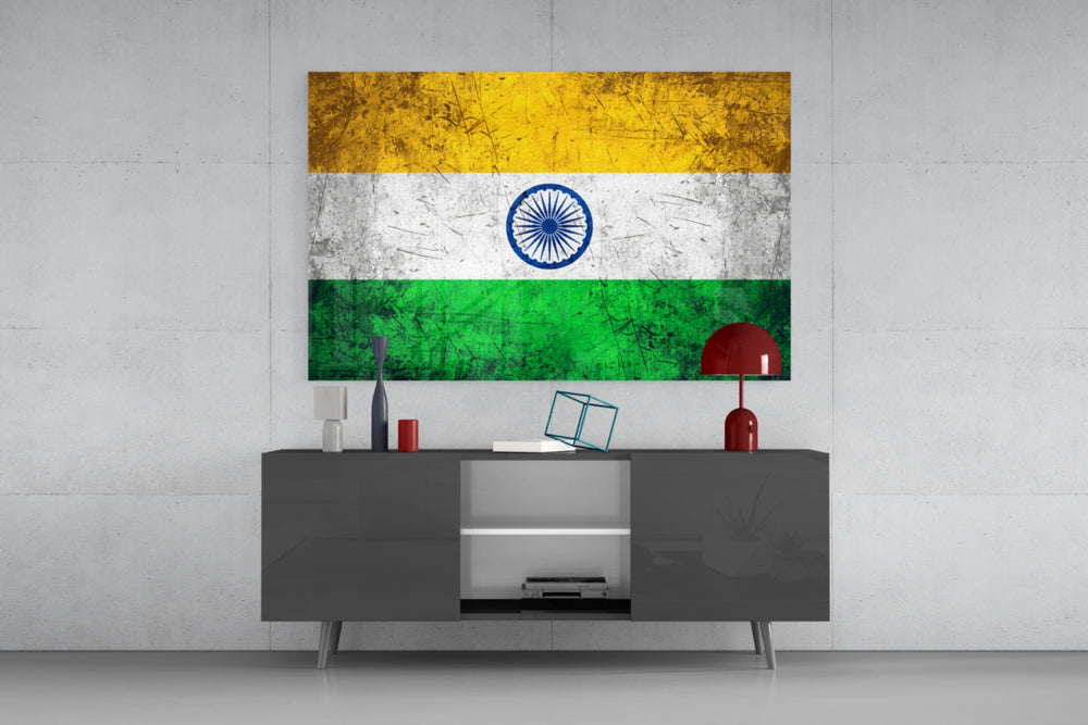 Flag of India glass wall art catching light to reveal its painted grunge