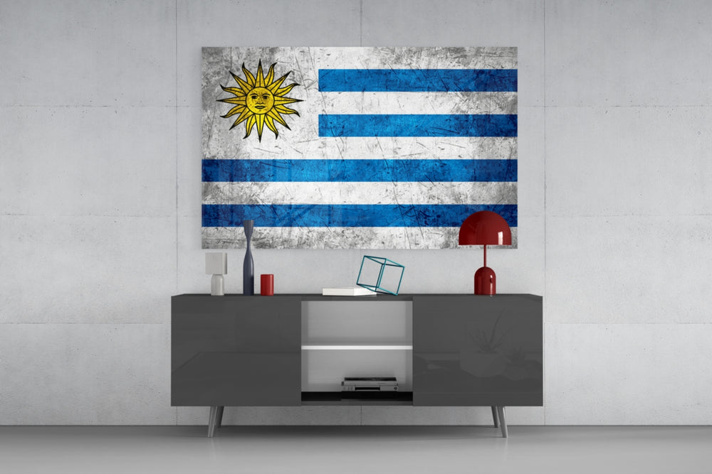 Flag of Uruguay glass wall art catching light to reveal its painted grunge