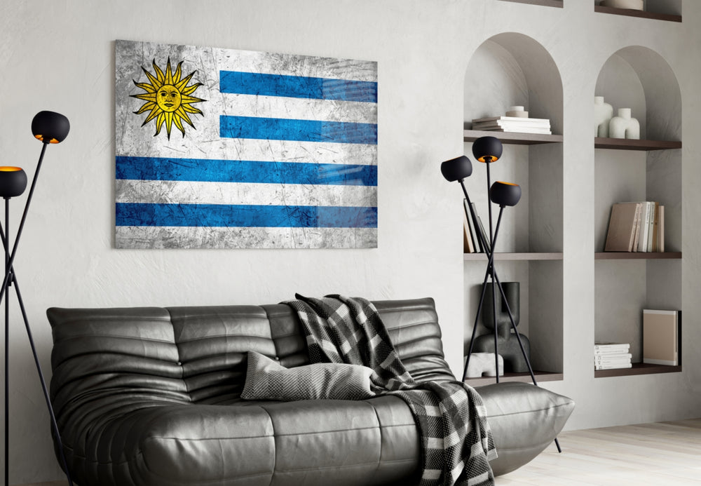 Flag of Uruguay artwork styled in a study interior
