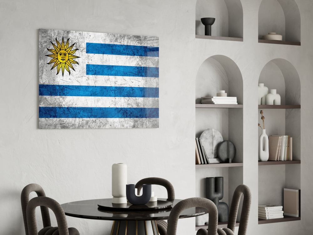 Patriotic glass print bringing Uruguayan edge to a hallway