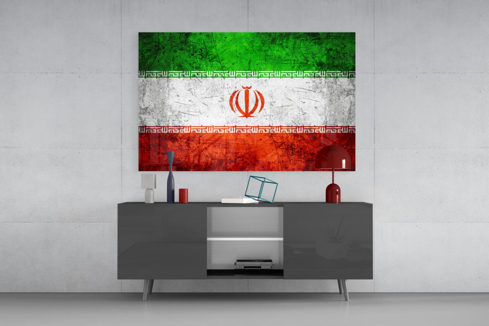 Flag of Iran glass wall art catching light to reveal its painted grunge
