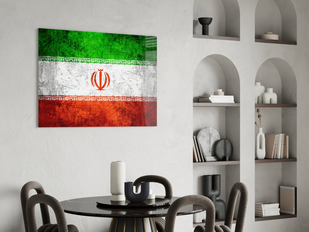 Patriotic glass print bringing Iranian edge to a hallway