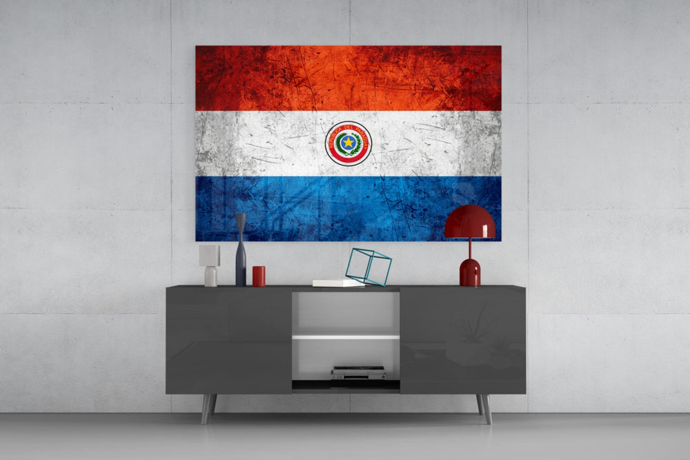 Flag of Paraguay glass wall art catching light to reveal its painted grunge