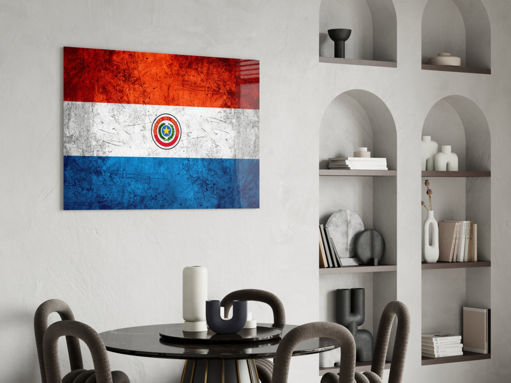 Patriotic glass print bringing Paraguayan edge to a hallway
