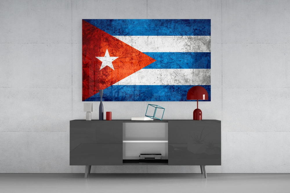 Flag of Cuba glass wall art catching light to reveal its painted grunge