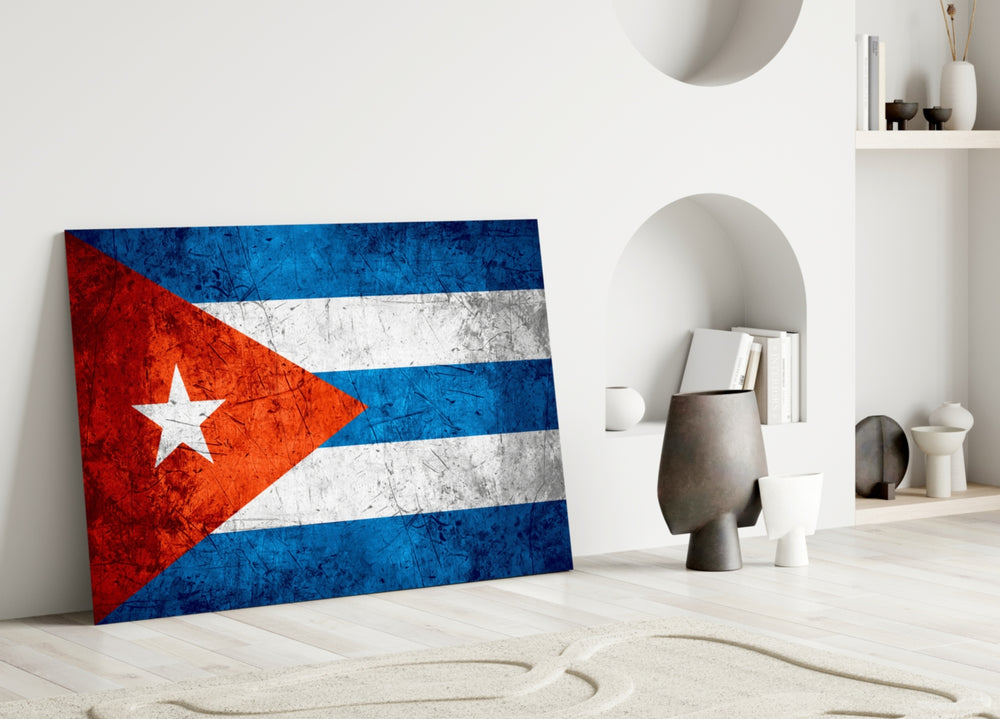 Close-up detail of grunge Cuban Lone-Star behind glass