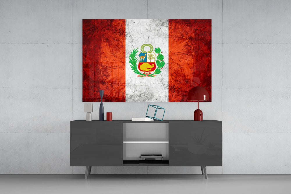 Flag of Peru glass wall art catching light to reveal its painted grunge