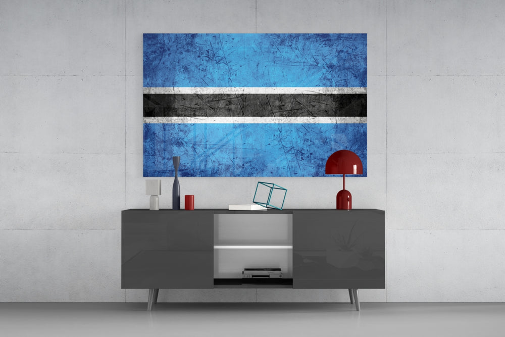 Flag of Botswana glass wall art catching light to reveal its painted grunge