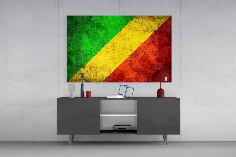 Flag of Republic of the Congo glass wall art catching light to reveal its painted grunge